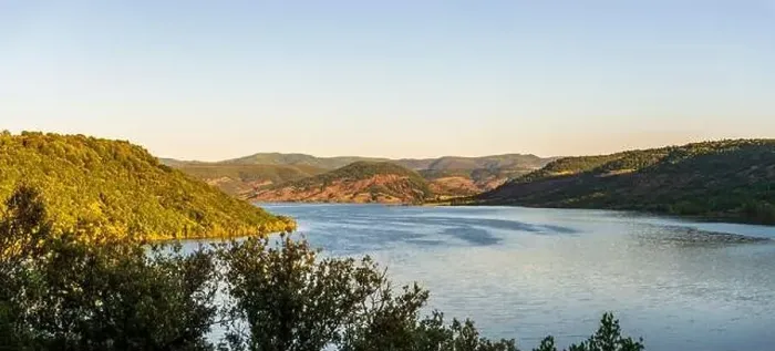 Framed Print : Aerial panorama of Lac du Salagou in the early morning in summer in Hérault in Occitania, France Framed Print : Aerial panorama of Lac du Salagou in the early morning in summer in Hérault in Occitania, France