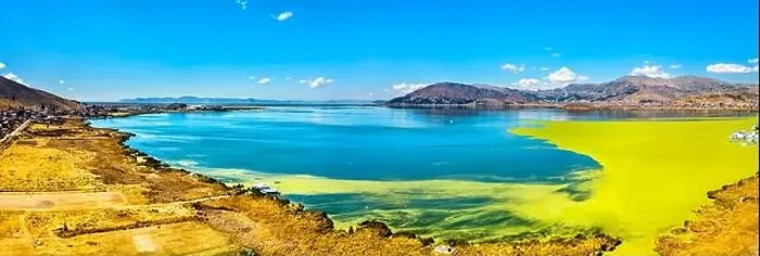 Framed Print : Aerial panorama of Lake Titicaca at Puno in Peru, South America Framed Print : Aerial panorama of Lake Titicaca at Puno in Peru, South America