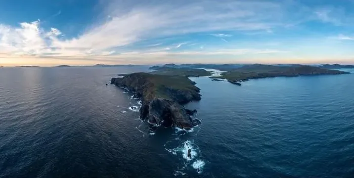 Framed Print : aerial panorama landscape of the Bray Head cliffs on Valentia Island at dusk Framed Print : aerial panorama landscape of the Bray Head cliffs on Valentia Island at dusk