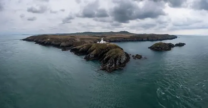 Framed Print : aerial panorama landscape of the Pembrokeshire coast with the historic Strumble Head Lighthouse Framed Print : aerial panorama landscape of the Pembrokeshire coast with the historic Strumble Head Lighthouse