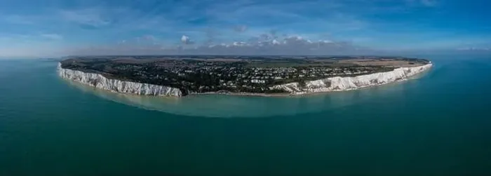 Framed Print : Aerial panorama landscape view of the White Cliffs of Dover and the South Foreland on the English Channel Framed Print : Aerial panorama landscape view of the White Cliffs of Dover and the South Foreland on the English Channel