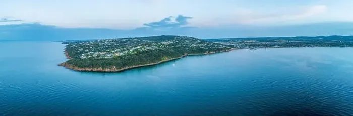 Framed Print : Aerial panorama of luxury real estate of Mount Martha suburb coastline at dusk with copy space Framed Print : Aerial panorama of luxury real estate of Mount Martha suburb coastline at dusk with copy space