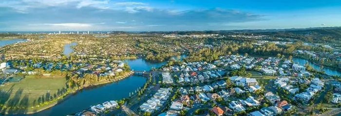 Framed Print : Aerial panorama of luxury suburb on the Gold Coast at sunset Framed Print : Aerial panorama of luxury suburb on the Gold Coast at sunset