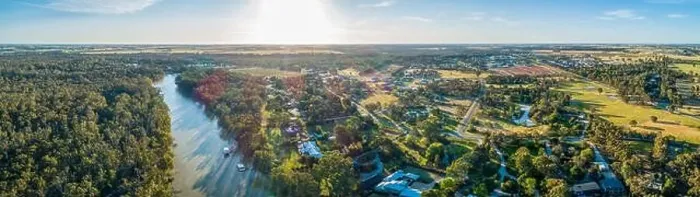 Framed Print : Aerial panorama of Moama town and Murray River at sunset Framed Print : Aerial panorama of Moama town and Murray River at sunset