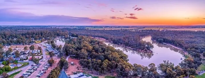 Framed Print : Aerial panorama of Murray River and holiday park at sunset. Moama, New South Wales, Australia Framed Print : Aerial panorama of Murray River and holiday park at sunset. Moama, New South Wales, Australia
