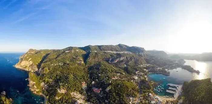 Framed Print : Aerial panorama of Paleokastritsa. Corfu island from a drone. Beautiful Greece nature. Travel destination Framed Print : Aerial panorama of Paleokastritsa. Corfu island from a drone. Beautiful Greece nature. Travel destination