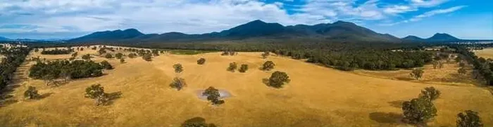 Framed Print : Aerial panorama of pastures and Grampians National Park with Mount Abrupt