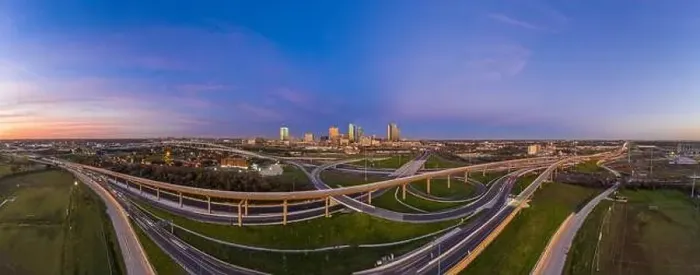 Framed Print : Aerial panorama picture of the Fort Worth skyline at sunrise with highway intersection