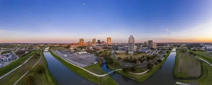 Framed Print : Aerial panorama picture of the Fort Worth skyline at sunset from west direction Framed Print : Aerial panorama picture of the Fort Worth skyline at sunset from west direction