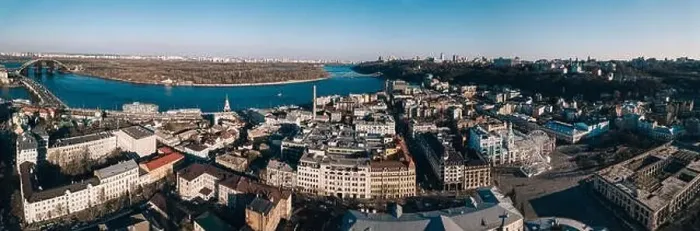 Framed Print : Aerial panorama of Podil district in Kyiv, Ukraine Framed Print : Aerial panorama of Podil district in Kyiv, Ukraine