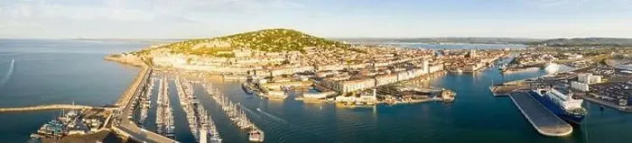 Framed Print : Aerial panorama of the port of Sète at sunrise in Hérault in Occitanie, France Framed Print : Aerial panorama of the port of Sète at sunrise in Hérault in Occitanie, France