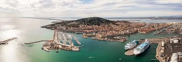 Framed Print : Aerial panorama of the port of Sete at sunset in Herault in Occitanie, France Framed Print : Aerial panorama of the port of Sete at sunset in Herault in Occitanie, France