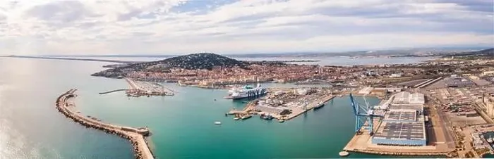 Framed Print : Aerial panorama of the port of Sete at sunset in Herault in Occitanie, France Framed Print : Aerial panorama of the port of Sete at sunset in Herault in Occitanie, France