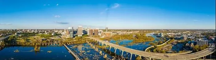 Framed Print : Aerial panorama print of Richmond Virginia 2023. View of city and James River Framed Print : Aerial panorama print of Richmond Virginia 2023. View of city and James River