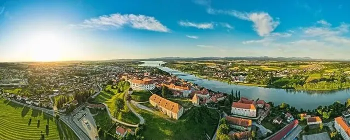Framed Print : Aerial Panorama over Ptuj Townscape, Ptuj Castle and River Drava in Slovenia Framed Print : Aerial Panorama over Ptuj Townscape, Ptuj Castle and River Drava in Slovenia