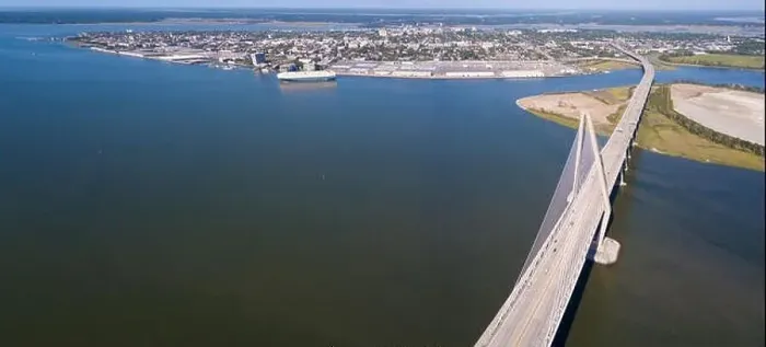 Framed Print : Aerial panorama of the Ravenel Bridge, Charleston Harbor, and downtown Charleston, South Carolina Framed Print : Aerial panorama of the Ravenel Bridge, Charleston Harbor, and downtown Charleston, South Carolina