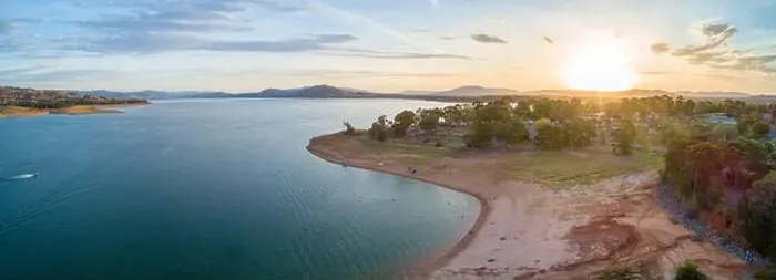 Framed Print : Aerial panorama of scenic lake and hills in Australia at sunset Framed Print : Aerial panorama of scenic lake and hills in Australia at sunset