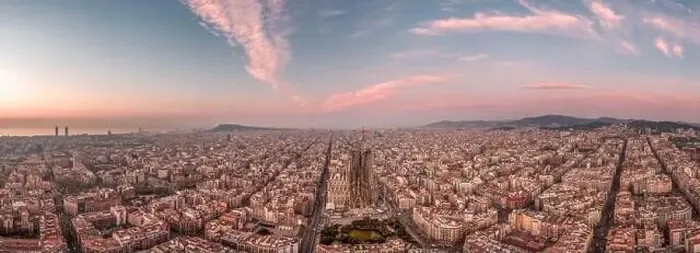 Framed Print : Aerial panorama shot of Barcelona center empty street before sunrise at Spain winter dusk Framed Print : Aerial panorama shot of Barcelona center empty street before sunrise at Spain winter dusk