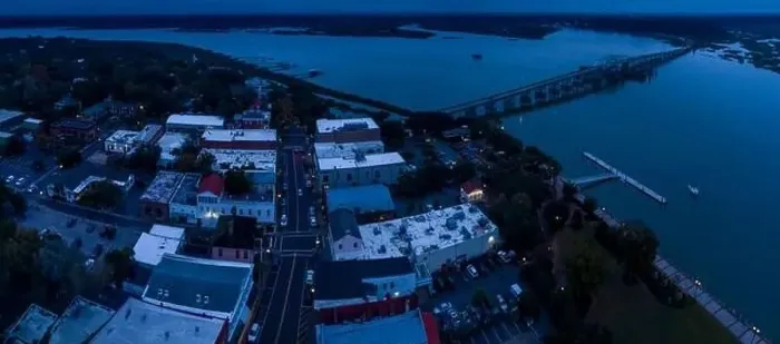 Framed Print : Aerial panorama of the small town of Beaufort, South Carolina and river at night Framed Print : Aerial panorama of the small town of Beaufort, South Carolina and river at night