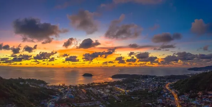 Framed Print : aerial panorama sunrise at Kata beach close to Karon beach in the middle of two beach has Pu island Framed Print : aerial panorama sunrise at Kata beach close to Karon beach in the middle of two beach has Pu island