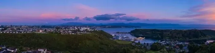 Framed Print : aerial panorama at sunset of the bay of Puerto Montt