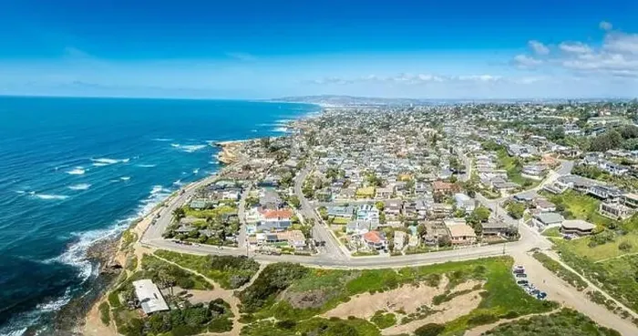 Framed Print : Aerial panorama of Sunset Beach in San Diego with ragged California ocean coastline Framed Print : Aerial panorama of Sunset Beach in San Diego with ragged California ocean coastline