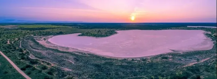 Framed Print : Aerial panorama of sunset over pink lake in Australia Framed Print : Aerial panorama of sunset over pink lake in Australia