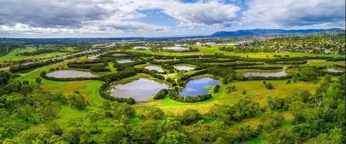 Framed Print : Aerial panorama of Tirhatuan Wetlands in Melbourne, Australia