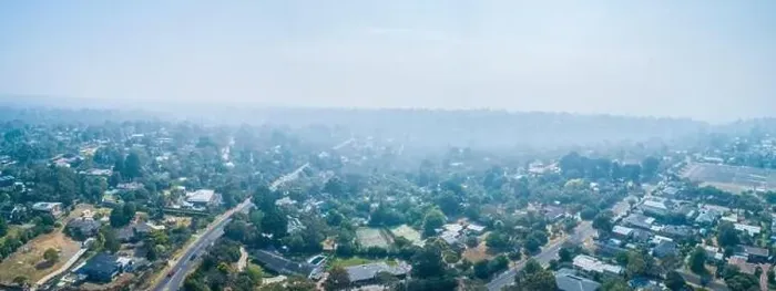 Framed Print : Aerial panorama of urban areas of Melbourne covered in smoke from bush fires Framed Print : Aerial panorama of urban areas of Melbourne covered in smoke from bush fires