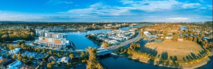 Framed Print : Aerial panorama of Varsity Lakes at sunset. Gold Coast, Queensland, Australia Framed Print : Aerial panorama of Varsity Lakes at sunset. Gold Coast, Queensland, Australia