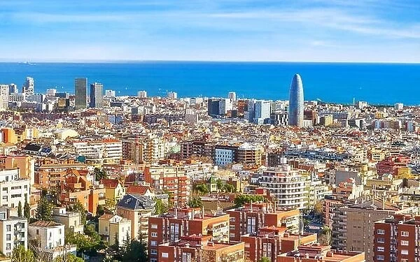 Aerial panorama view of Barcelona city, Spain
