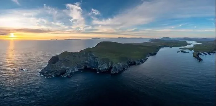 Framed Print : An aerial panorama view of the Bray Head cliffs and headland on Valentia Island at sunset Framed Print : An aerial panorama view of the Bray Head cliffs and headland on Valentia Island at sunset