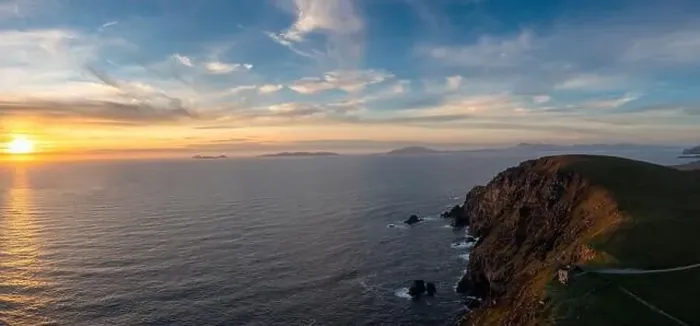 Framed Print : Aerial panorama view of the Bray Head cliffs and headland on Valentia Island at sunset Framed Print : Aerial panorama view of the Bray Head cliffs and headland on Valentia Island at sunset