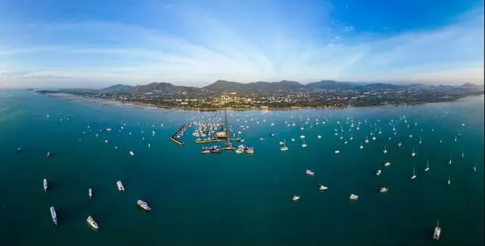 Framed Print : Aerial panorama view of Chalong pier with many boats at sunrise, Phuket, Thailand Framed Print : Aerial panorama view of Chalong pier with many boats at sunrise, Phuket, Thailand