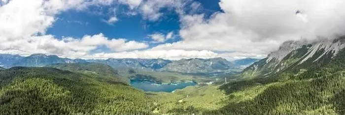 Framed Print : Aerial panorama view of Eibsee Lake at foot of Zugspitze in Germany Framed Print : Aerial panorama view of Eibsee Lake at foot of Zugspitze in Germany