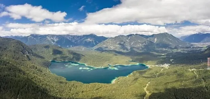Framed Print : Aerial panorama view of Eibsee Lake at foot of Zugspitze in Germany Framed Print : Aerial panorama view of Eibsee Lake at foot of Zugspitze in Germany