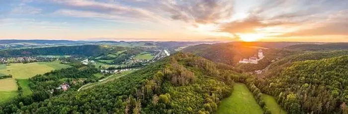 Framed Print : Aerial panorama view of Karsltejn castle with near village and forest Framed Print : Aerial panorama view of Karsltejn castle with near village and forest