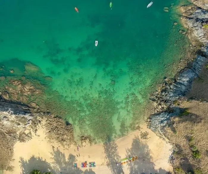 Framed Print : aerial panorama view above turquoise sea around Nui beach small beach surrounded by tourist attractions Framed Print : aerial panorama view above turquoise sea around Nui beach small beach surrounded by tourist attractions