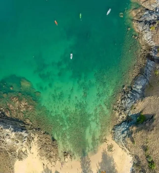 Framed Print : aerial panorama view above turquoise sea around Nui beach small beach surrounded by tourist attractions Framed Print : aerial panorama view above turquoise sea around Nui beach small beach surrounded by tourist attractions