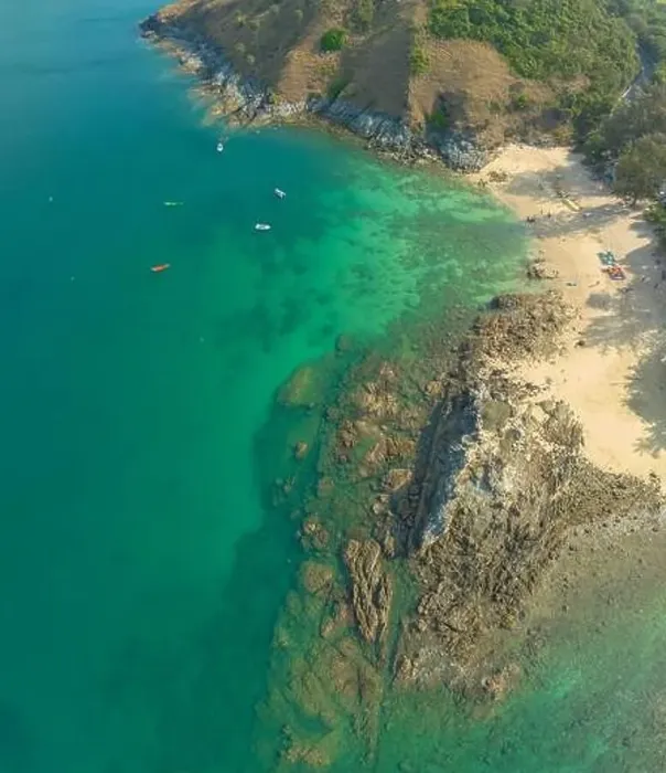 Framed Print : aerial panorama view above turquoise sea around Nui beach small beach surrounded by tourist attractions Framed Print : aerial panorama view above turquoise sea around Nui beach small beach surrounded by tourist attractions