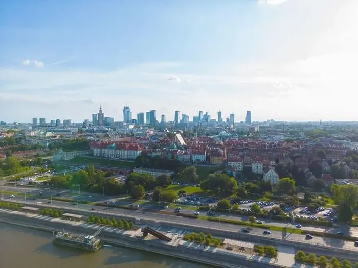 Framed Print : Aerial panorama of Warsaw, Poland over the Vistual river and City center in a distance Old town