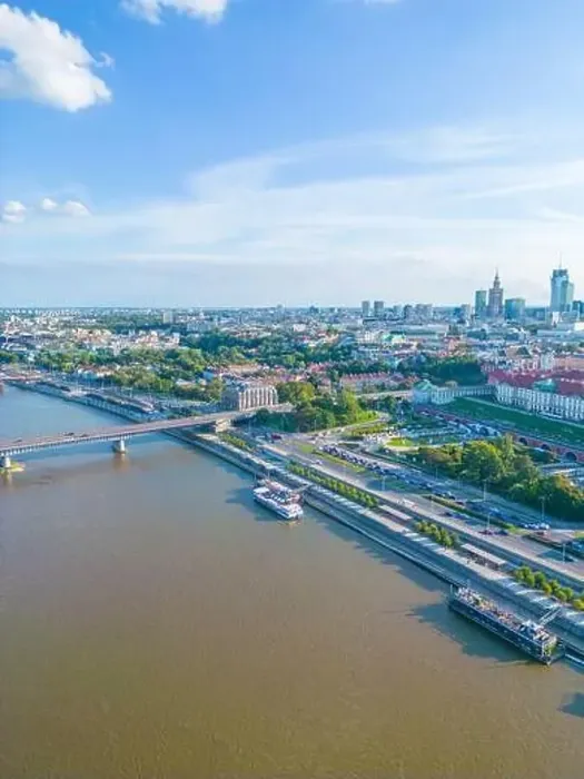 Framed Print : Aerial panorama of Warsaw, Poland over the Vistual river and City center in a distance Old town