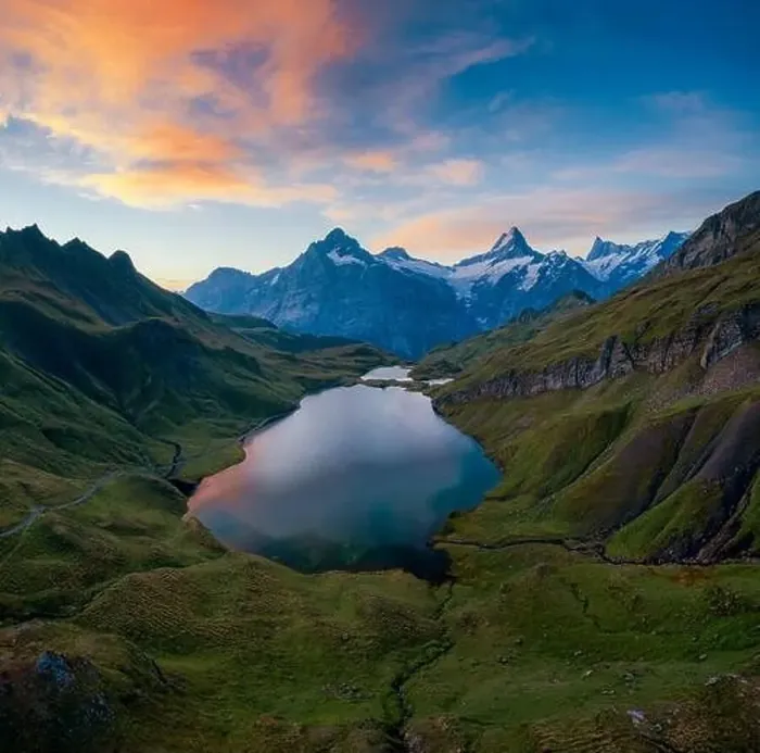 Framed Print : Aerial panoramic of Bachalpsee lake at sunset, Grindelwald, Bernese Oberland, Bern Canton, Switzerland Framed Print : Aerial panoramic of Bachalpsee lake at sunset, Grindelwald, Bernese Oberland, Bern Canton, Switzerland