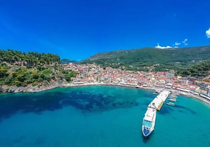 Framed Print : Aerial panoramic cityscape view over Parga coastal city, Epirus, Greece