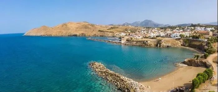Framed Print : Aerial panoramic coastal view of Panormas showing Paralia Panormos beach, Rethymno, Crete, Greece Framed Print : Aerial panoramic coastal view of Panormas showing Paralia Panormos beach, Rethymno, Crete, Greece