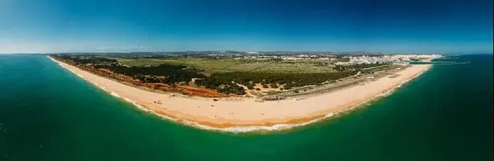 Framed Print : Aerial panoramic drone beach view of Vilamoura and Praia de Falesia, Algarve, Portugal