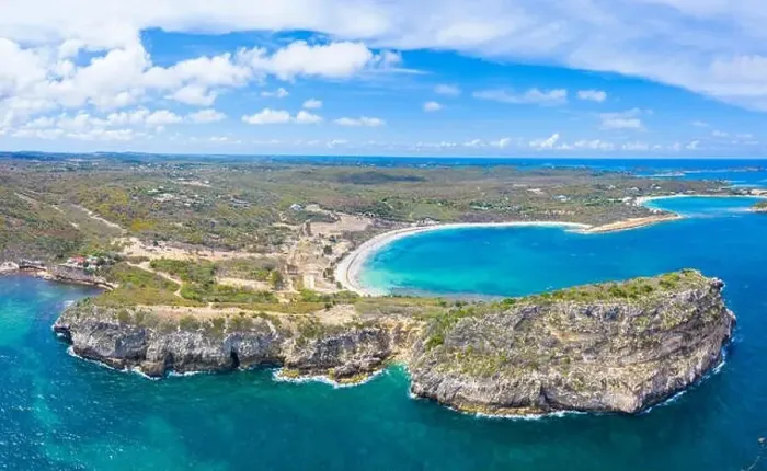 Framed Print : Aerial panoramic by drone of cliffs surrounding Half Moon Bay washed by Caribbean Sea Framed Print : Aerial panoramic by drone of cliffs surrounding Half Moon Bay washed by Caribbean Sea