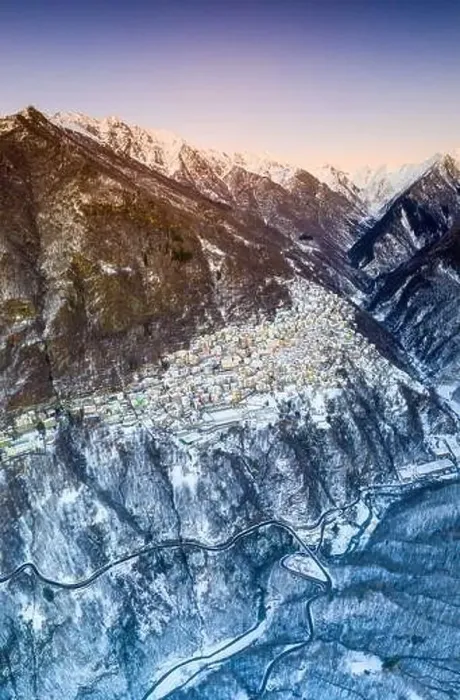Framed Print : Aerial panoramic by drone of Premana village during winter dusk, Valsassina, Lecco province, Lombardy, Italy, Europe Framed Print : Aerial panoramic by drone of Premana village during winter dusk, Valsassina, Lecco province, Lombardy, Italy, Europe