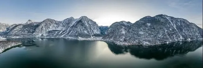 Framed Print : Aerial panoramic drone shot of Salzkammergut Mountains around Ha Framed Print : Aerial panoramic drone shot of Salzkammergut Mountains around Ha
