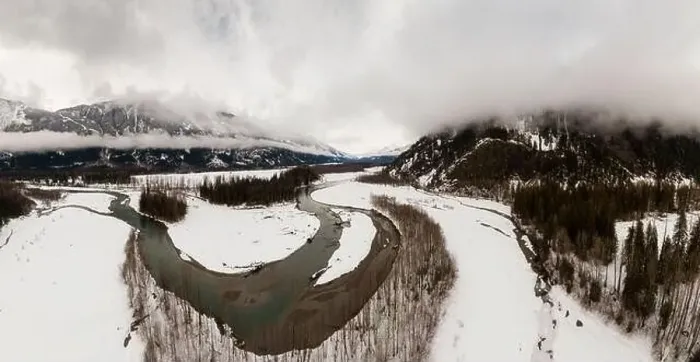 Framed Print : Aerial Panoramic Drone View of a beautiful Snow Covered Valley Framed Print : Aerial Panoramic Drone View of a beautiful Snow Covered Valley